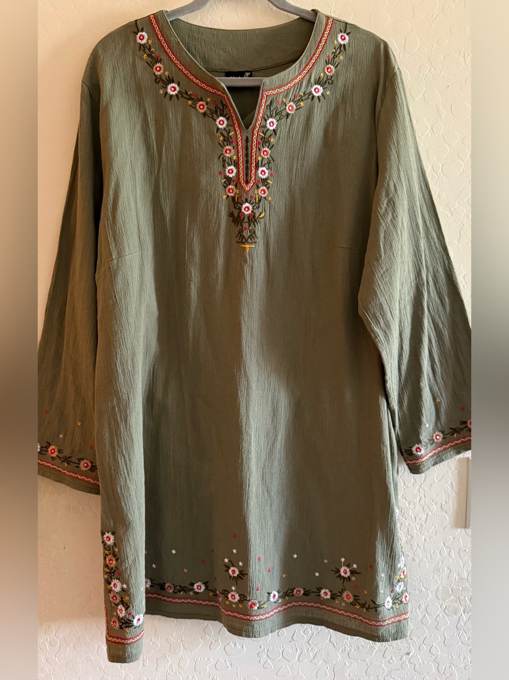 Zehria, XXL, 100% cotton, boho olive green embroidered tunic top